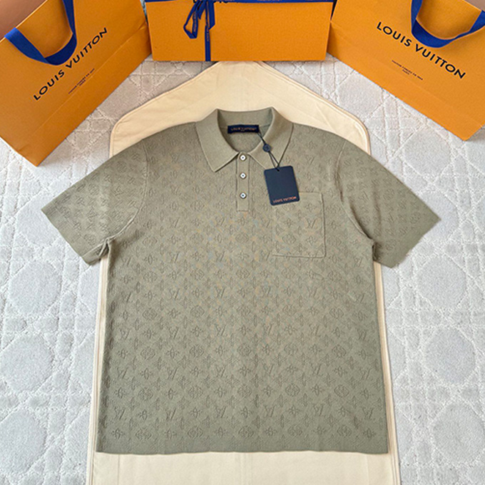 lv louis vuitton allover hollow jacquard knit short sleeve polo shirt